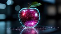 Glowing magical apple with neon blue outline and pink sparkles reflecting on dark surface, fantasy fruit concept for digital art and creative designs.