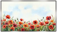 Watercolor red poppy flowers field border with green stems and buds on white background for spring summer floral design projects and botanical artwork.