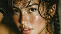 Young Asian woman with wet hair and dewy skin in natural lighting portrait for beauty and skincare concepts.