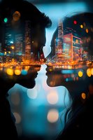 Romantic silhouettes against illuminated cityscape double exposure, with glowing bokeh lights and modern skyscrapers reflecting in water at night creating dreamy atmosphere.