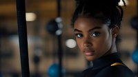 Young African American woman in black athletic wear with braided hair looking confidently at camera in modern gym setting with warm lighting.