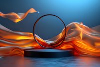 Black podium with golden ring against flowing orange silk fabric waves on blue gradient background for luxury product display and branding presentations.