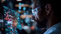 Caucasian male data scientist analyzing digital visualization on transparent screen with glowing particles, wearing glasses in dark office environment.