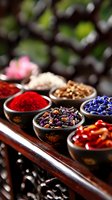 Colorful spices, dried flowers and seasonings in traditional ceramic bowls on wooden surface. Vibrant red paprika powder, blue petals and aromatic tea blend create gourmet composition.