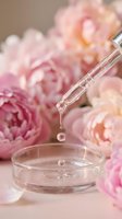 Serum or essence dropper dispensing clear liquid into petri dish with blooming pink peonies in soft focus background, representing skincare, cosmetics, and beauty product development.