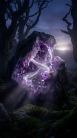 Mystical amethyst crystal formation glowing with purple energy in enchanted forest at twilight with bare trees and magical atmosphere.