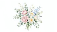 Watercolor floral bouquet with pink roses, white flowers and eucalyptus leaves isolated on transparent background for wedding invitations and greeting cards.