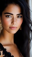 Close-up portrait of young Asian woman with natural makeup, long dark hair, and gold statement earrings against neutral background, showcasing beauty and elegance.