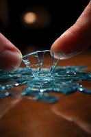 Fingers delicately lifting a shard of broken glass with reflective surface creating dramatic light effects against dark background. Macro photography shows texture details.