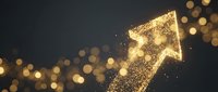 Golden particle arrow pointing upward with sparkling light effects and bokeh background symbolizing growth, success, and business progress.