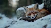 Red fox sleeping peacefully in snowy winter forest, curled up with fluffy tail, natural wildlife scene with soft bokeh background and morning light.