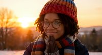 Young African American woman wearing knit hat and plaid scarf smiling outdoors during golden hour sunset in winter landscape with warm lighting.