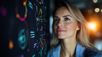 Young blonde businesswoman analyzing data visualization on transparent screen with colorful charts and graphs in modern dark office with bokeh lights.