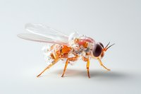 Transparent fruit fly with visible internal anatomy on white background, showcasing delicate wings and orange body details.