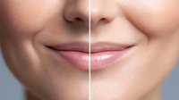 Close up of smiling female lips showing before and after cosmetic treatment comparison with vertical dividing line on soft neutral background.