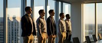 Business team of diverse professionals standing by office windows overlooking city skyline during golden hour meeting.