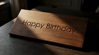 Happy Birthday engraved on wooden plaque with warm lighting, suitable for celebrations, gifts, and event decorations.