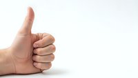 Male hand showing thumbs up gesture on white background, positive approval sign for business presentations and marketing materials.