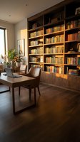 Modern home office with built-in wooden bookshelf library, desk workspace and warm lighting for productivity and reading in contemporary interior design.