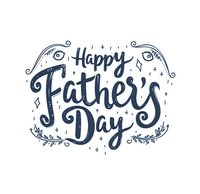 Navy blue decorative lettering spells out Happy Father's Day with ornamental flourishes, stars and botanical elements on white background, isolated design for cards and celebrations.