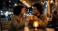 Young African American couple enjoying romantic date night at outdoor restaurant patio with string lights, toasting with beer glasses in warm evening atmosphere.