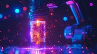 Glowing scientific test tube with luminescent liquid and floating particles in neon pink and blue laboratory setting against dark background with bokeh lights.