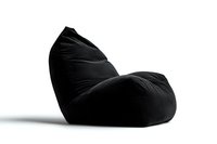 Black bean bag chair on white background, minimalist furniture design with soft curves and shadows creating elegant silhouette, isolated product photography.