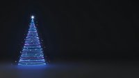 Glowing blue neon Christmas tree with bright star on top against dark background. Modern holiday decoration with electric light effects for festive designs.
