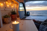 Cozy van life workspace with laptop, warm string lights, candle and plants overlooking ocean sunset view. Remote work and digital nomad lifestyle concept.