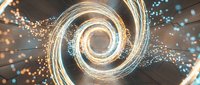 Glowing spiral vortex with golden light trails and sparkling particles swirling in dynamic motion against dark background for digital effects.