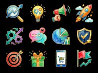 Watercolor business icon set with 12 elements: rocket, megaphone, bulb, gears, chart, shield, target, gift, phone, flag. Isolated, ready for clipart, stickers, print on demand.