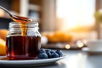 Golden honey dripping from spoon into glass jar with fresh blueberries on white plate, morning breakfast scene with warm sunlight and blurred background.
