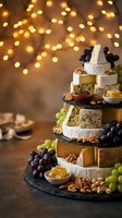 Gourmet cheese tower with grapes, nuts and honey on slate board against warm bokeh lights background for holiday entertaining and festive celebrations.