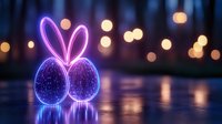 Glowing neon Easter eggs with bunny ears reflecting on wet surface against blurred bokeh lights background creating magical holiday atmosphere.
