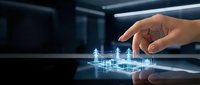 Hand touching holographic digital network interface with glowing connections and data visualization on modern dark surface for technology concepts.