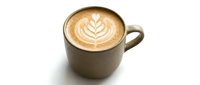 Steaming cup of cappuccino with latte art leaf design in gray ceramic mug on white background, suitable for coffee shop menus and beverage marketing.