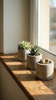 Three small succulents in concrete pots on wooden windowsill with natural sunlight creating geometric shadows for modern home decor and interior design.