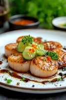 Pan-seared sea scallops garnished with fresh cucumber, sesame seeds, and parsley on white plate with teriyaki sauce drizzle, close-up culinary presentation.