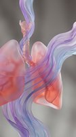 Abstract flowing ribbons in pink, coral, and purple tones intertwine with translucent organic shapes against neutral background. Suitable for wellness, medical, and creative design projects.