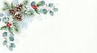 Watercolor Christmas corner border with pine branches, eucalyptus leaves, red berries and pinecones on cream background for holiday greeting cards and invitations.