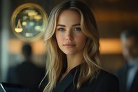 Young blonde female lawyer in black business attire looking confidently at camera, with law firm scales symbol and blurred office background. Professional portrait.