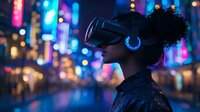 Young African American woman wearing VR headset and glowing headphones against vibrant neon city lights background, profile view capturing futuristic urban nightlife atmosphere.