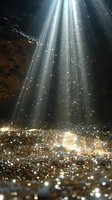 Magical light beams pierce through dark clouds, illuminating golden glitter particles scattered across ground, creating ethereal atmosphere for spiritual or fantasy designs.