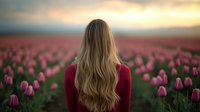 Young woman with long blonde hair wearing red sweater standing in pink tulip field at sunset, view from behind against dramatic sky background.