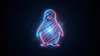 Glowing neon penguin silhouette with electric blue and pink light trails on dark background for digital art projects and futuristic designs.