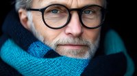 Close up portrait of mature Caucasian man with glasses and gray beard wearing blue striped scarf, looking thoughtfully at camera against dark background.
