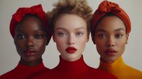 Three diverse fashion models wearing vibrant turtlenecks and head wraps pose together in minimalist portrait highlighting natural beauty and cultural fusion in modern fashion.