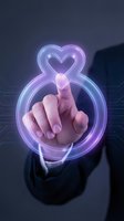 Businessman touching glowing neon heart icon with finger on futuristic digital interface background for love technology and romance apps.