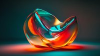 Abstract curved glass or crystal shape with vibrant orange and turquoise colors on dark background, illuminated from within creating dynamic light and shadow effects.