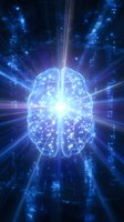 Glowing blue brain with radiating light beams against digital matrix background, representing artificial intelligence, neural networks and cognitive power.